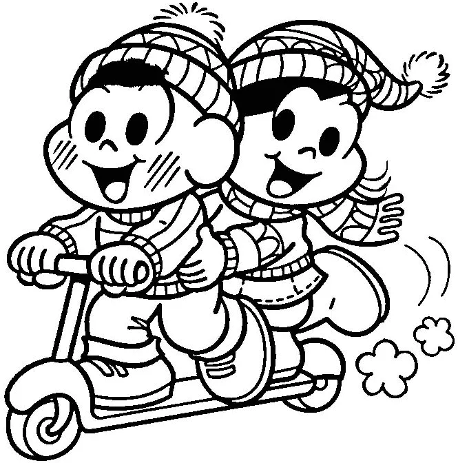 Magali e Cascao andando de Patinete