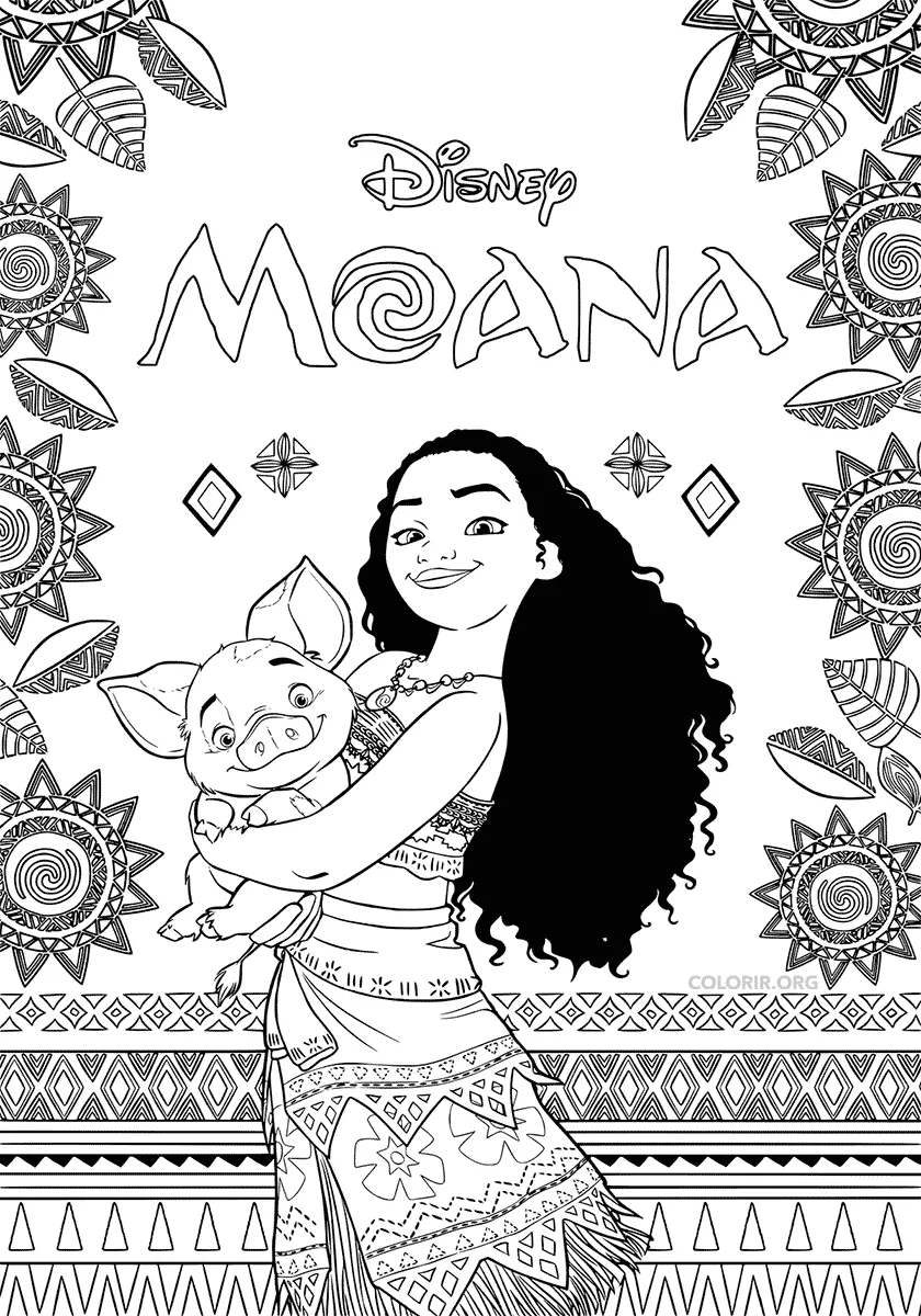 Moana e Pui Porquinho para colorir
