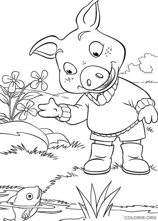 Piggley Winks brincando com Peixe em Lago