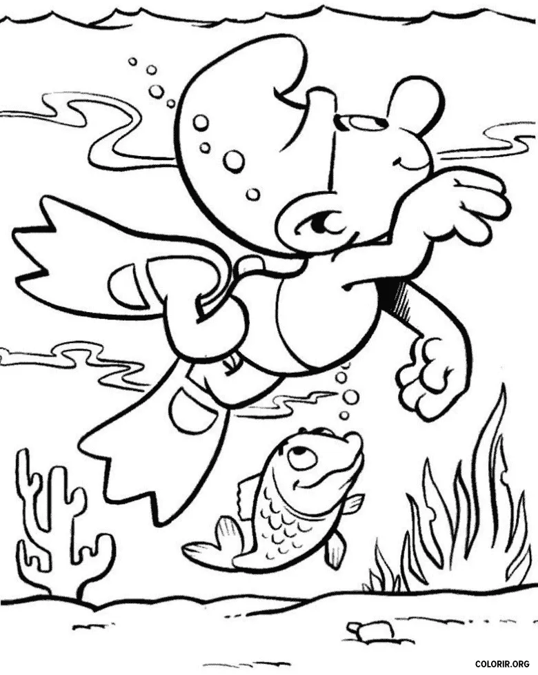 Smurf nadando com Peixe