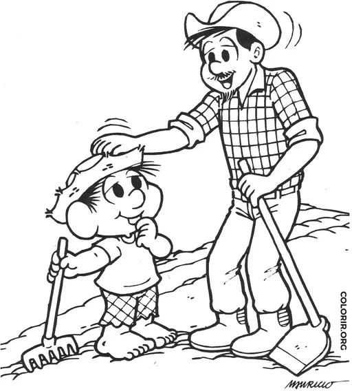Chico Bento Plantando com seu Pai para colorir