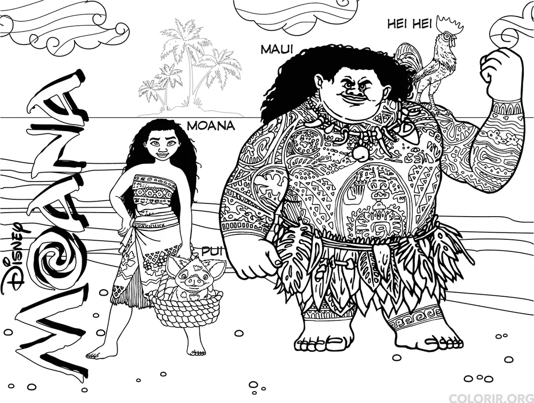 Moana Maui Heihei e Pui para colorir