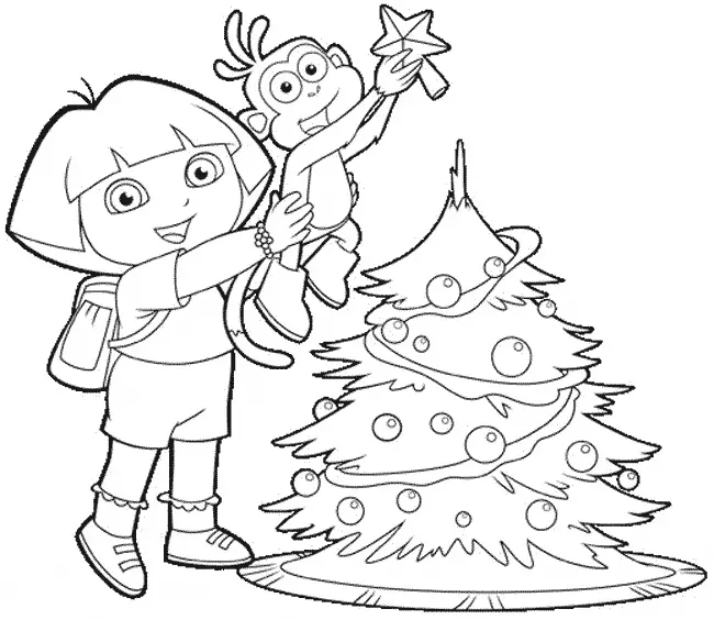 Dora e Botas Colocando Estrela na Arvore de Natal
