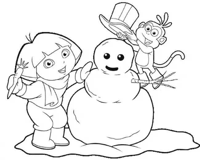 Dora e Botas fazendo Boneco de Neve