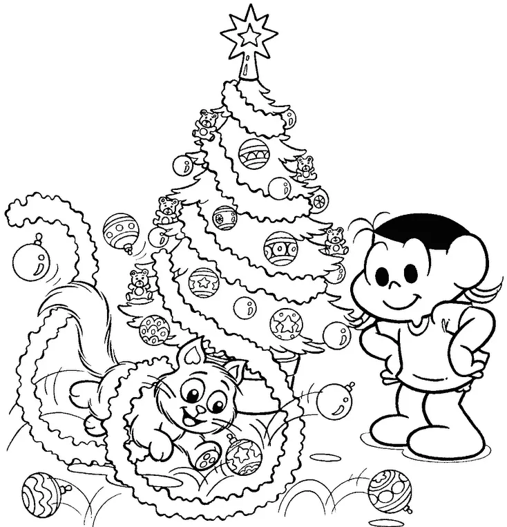Desenho da Magali e Mingau Montando Arvore de Natal